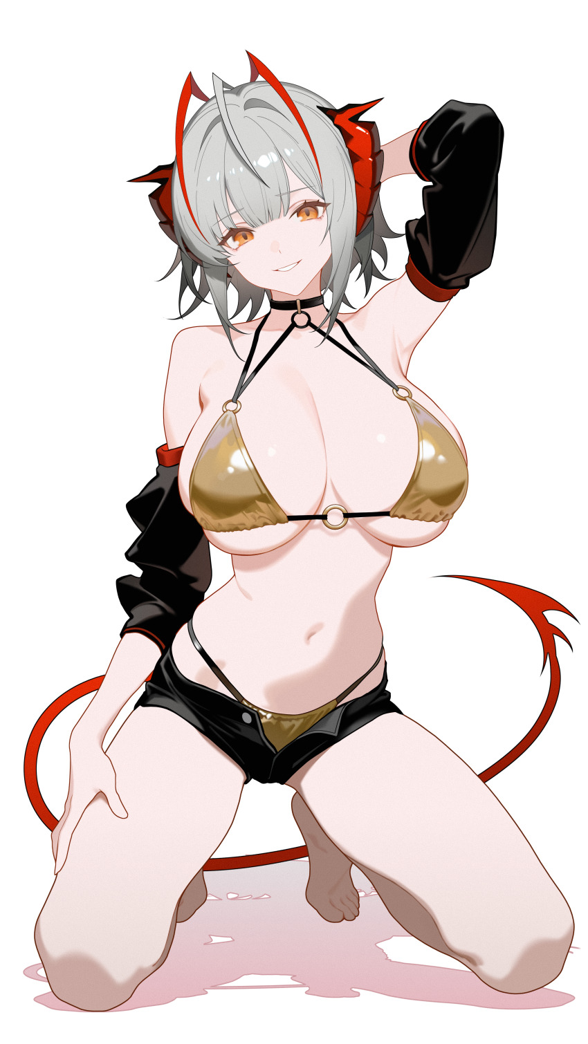 1girl absurdres ahoge antennae arasaka_inu arknights arm_up armpits bare_shoulders barefoot bikini bikini_under_shorts black_shorts breasts cleavage commentary_request demon_girl demon_horns demon_tail detached_sleeves gold_bikini grey_hair hair_intakes highres horns kneeling large_breasts looking_at_viewer o-ring o-ring_bikini o-ring_top open_fly orange_eyes red_horns short_hair short_shorts shorts simple_background skindentation smile solo swimsuit tail thighs toes w_(arknights) white_background
