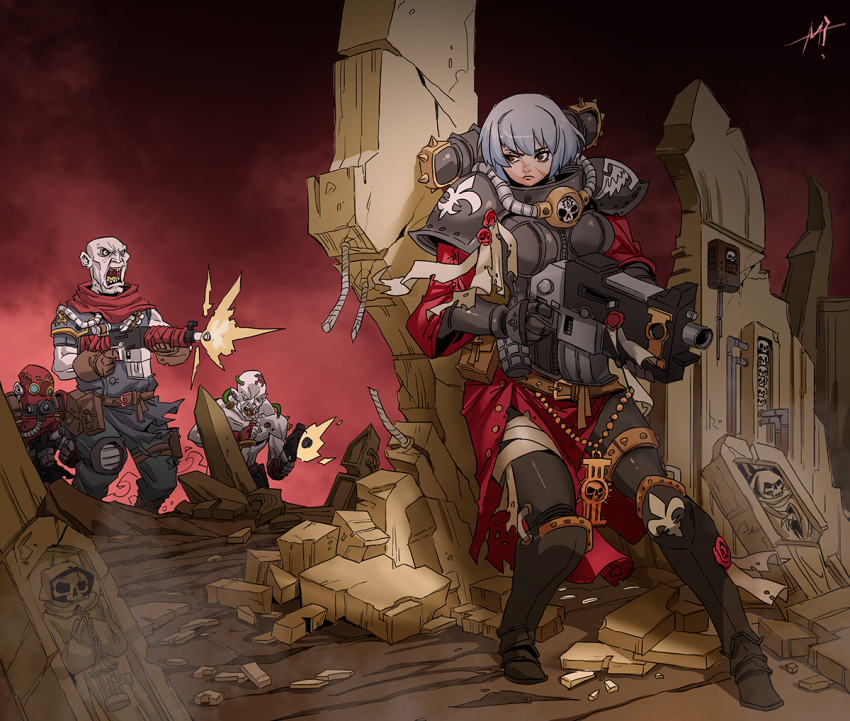 1girl adepta_sororitas armor bolter boots chaos_(warhammer) explosive fighting fleur-de-lis imperium_of_man pauldrons power_armor purity_seal rmulderz ruins short_hair shoulder_armor tabard tattoo torn_clothes warhammer_40k wax_seal weapon white_hair