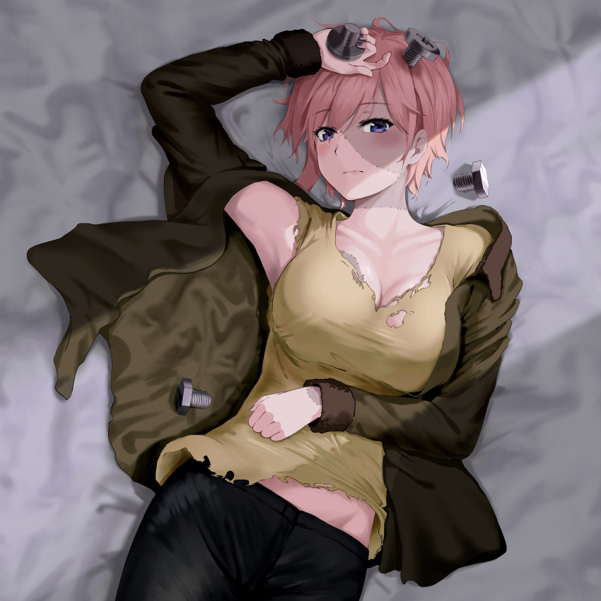 1girl absurdres black_pants blush breasts brown_jacket cleavage closed_mouth collarbone commentary_request cosplay frankenstein frankenstein&#039;s_monster frankenstein&#039;s_monster_(cosplay) go-toubun_no_hanayome highres holding jacket large_breasts long_sleeves looking_at_viewer lying midriff_peek nakano_ichika nut_(hardware) on_back open_clothes open_jacket pants pink_hair purple_eyes ricky_(haye4843) shirt short_hair solo stitches torn_clothes torn_shirt upper_body yellow_shirt