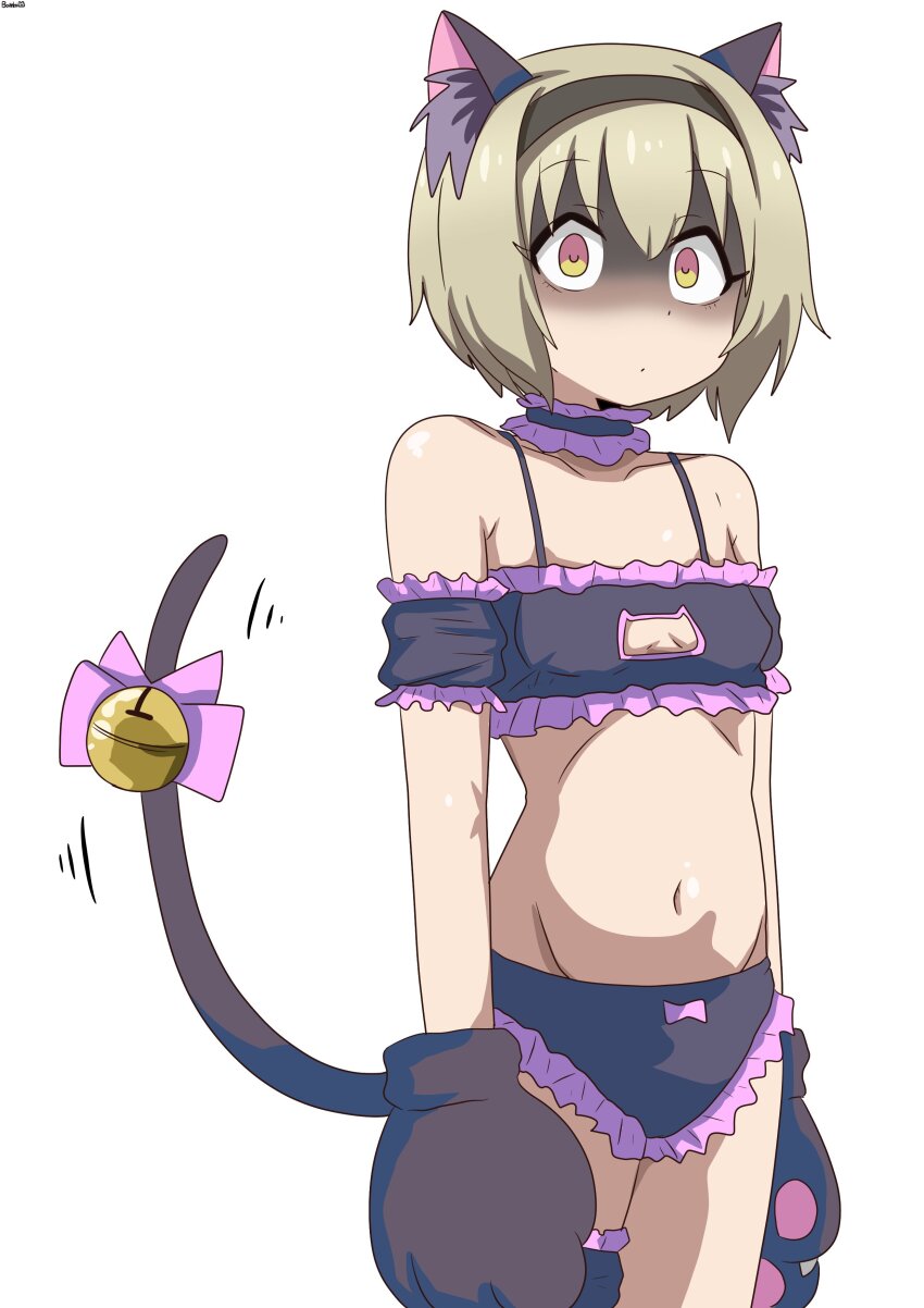 1girl absurdres animal_ears animal_hands bambi2000line bell black_bra black_panties blonde_hair bow bra breasts cat_cutout cat_ears cat_lingerie cat_tail choker cleavage cleavage_cutout clothing_cutout commentary_request cosplay cowboy_shot frilled_bra frilled_choker frilled_panties frills gloves highres jashin-chan_dropkick jingle_bell meme_attire motion_lines multicolored_eyes onii-chan_wa_oshimai! oyama_mahiro oyama_mahiro_(cosplay) panties paw_gloves pekora_(jashin-chan_dropkick) pink_eyes shaded_face short_hair small_breasts solo tail tail_bell tail_bow tail_ornament two-tone_eyes underwear yellow_eyes
