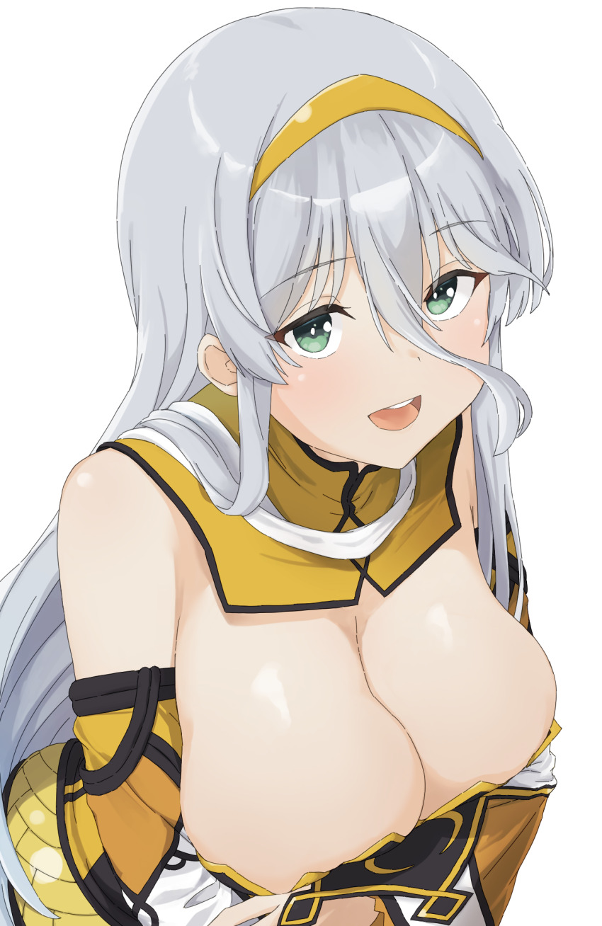 1girl :d breasts cleavage detached_sleeves gekkou_(senran_kagura) green_eyes grey_hair hairband highres large_breasts long_hair looking_at_viewer open_mouth senran_kagura simple_background smile solo white_background yellow_hairband yoniki