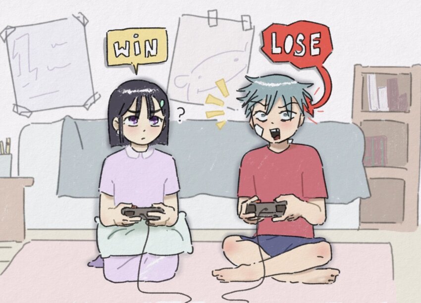 1boy 1girl ? alien_stage barefoot bed blue_shorts blunt_ends bob_cut bookshelf commentary controller dress game_controller gauze gauze_on_cheek green_eyes grey_dress grey_hair highres holding holding_controller holding_game_controller indoors motii pillow poster_(object) purple_eyes red_shirt shirt short_hair short_sleeves shorts sitting sua_(alien_stage) till_(alien_stage) very_short_hair