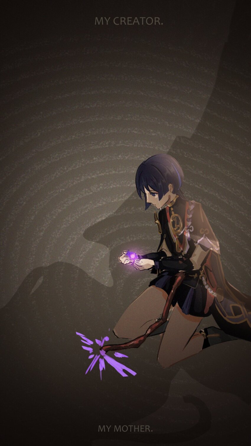 1boy armor black_bodysuit black_eyes black_hair black_kimono black_shorts black_sleeves blunt_ends bodysuit closed_mouth empty_eyes english_text furisode genshin_impact glowing_object gnosis_(genshin_impact) gold gold_trim grey_leggings highres japanese_armor japanese_clothes jewelry juban kimono kneeling kote kurokote layered_shorts layered_sleeves leggings looking_at_object looking_down male_focus momogourami multicolored_hair neck_ring open_clothes open_kimono purple_hair purple_rope purple_shorts purple_sleeves raiden_shogun red_kimono rope scaramouche_(genshin_impact) shadow shimenawa short_sleeves shorts solo streaked_hair tassel tears umbilical_cord white_kimono white_rope white_trim