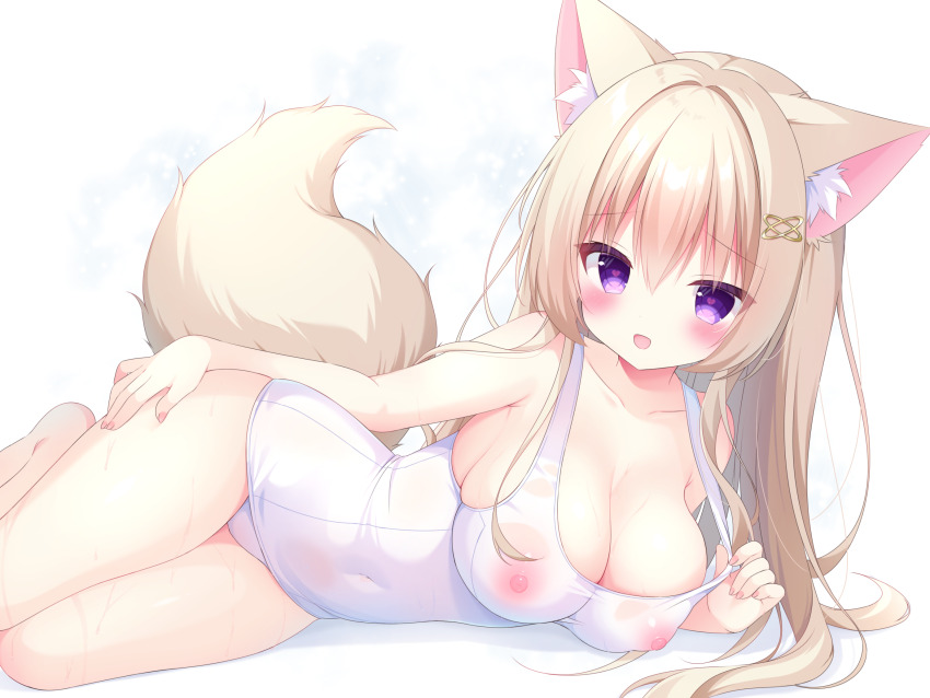 1girl :d animal_ear_fluff animal_ears barefoot blonde_hair blush breasts cleavage collarbone commentary_request feet_out_of_frame fox_ears fox_girl fox_tail heart heart-shaped_pupils highres large_breasts long_hair looking_at_viewer lying navel nekoboshi_yuki nipples on_side one-piece_swimsuit open_mouth original purple_eyes smile solo strap_pull sweat swimsuit symbol-shaped_pupils tail thighs white_background white_one-piece_swimsuit