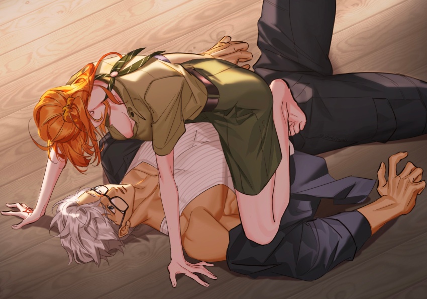 1boy 1girl archer_(fate) archer_(summer_casual)_(fate) barefoot black-framed_eyewear black_eyes black_jacket black_pants breasts chinese_commentary cleavage command_spell commentary_request dark-skinned_male dark_skin fate/grand_order fate_(series) fujimaru_ritsuka_(female) fujimaru_ritsuka_(female)_(chaldea_pathfinder) girl_on_top glasses green_shirt green_skirt height_difference highres jacket medium_breasts medium_skirt neckerchief one_side_up orange_hair pants pectorals ribbed_tank_top shinkaifuyuki shirt skirt striped_neckerchief tank_top white_hair white_tank_top wooden_floor