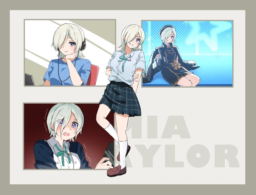 1girl chair collage collared_shirt computer hands_behind headphones highres idol laptop_bag legs listening_to_music love_live! love_live!_nijigasaki_high_school_idol_club mia_taylor purple_eyes ribbon school_uniform shirt shocked_pupils sitting skirt star_(symbol) star_symbol_background