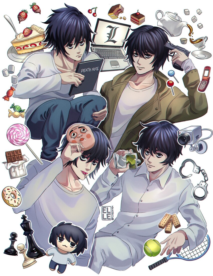 1boy black_hair cake cake_slice camera candy cellphone chocolate chocolate_bar coat cuffs cup death_note death_note:_the_musical death_note_(2015) death_note_(movie_series) death_note_(object) denim flip_phone food gun gun_to_head handcuffs highres holding holding_gun holding_weapon imminent_suicide jeans l_(death_note) lollipop mask mask_on_head numbuh424 official_alternate_costume pants phone sanpaku shirt spoilers swirl_lollipop t-shirt tea teacup teapot weapon