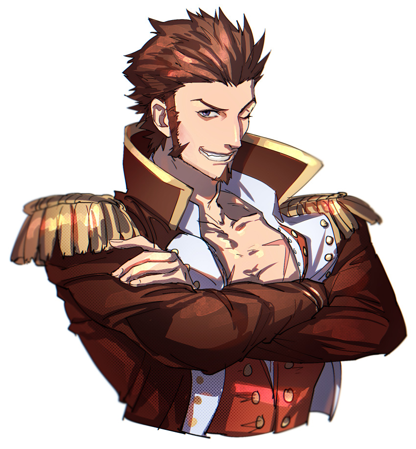 1boy blue_eyes brown_hair commentary_request epaulettes facial_hair fate/grand_order fate_(series) goatee highres kuroda_matsurika long_sideburns long_sleeves looking_at_viewer male_focus military military_uniform napoleon_bonaparte_(fate) open_clothes pectorals scar short_hair sideburns smile solo toned toned_male upper_body white_background