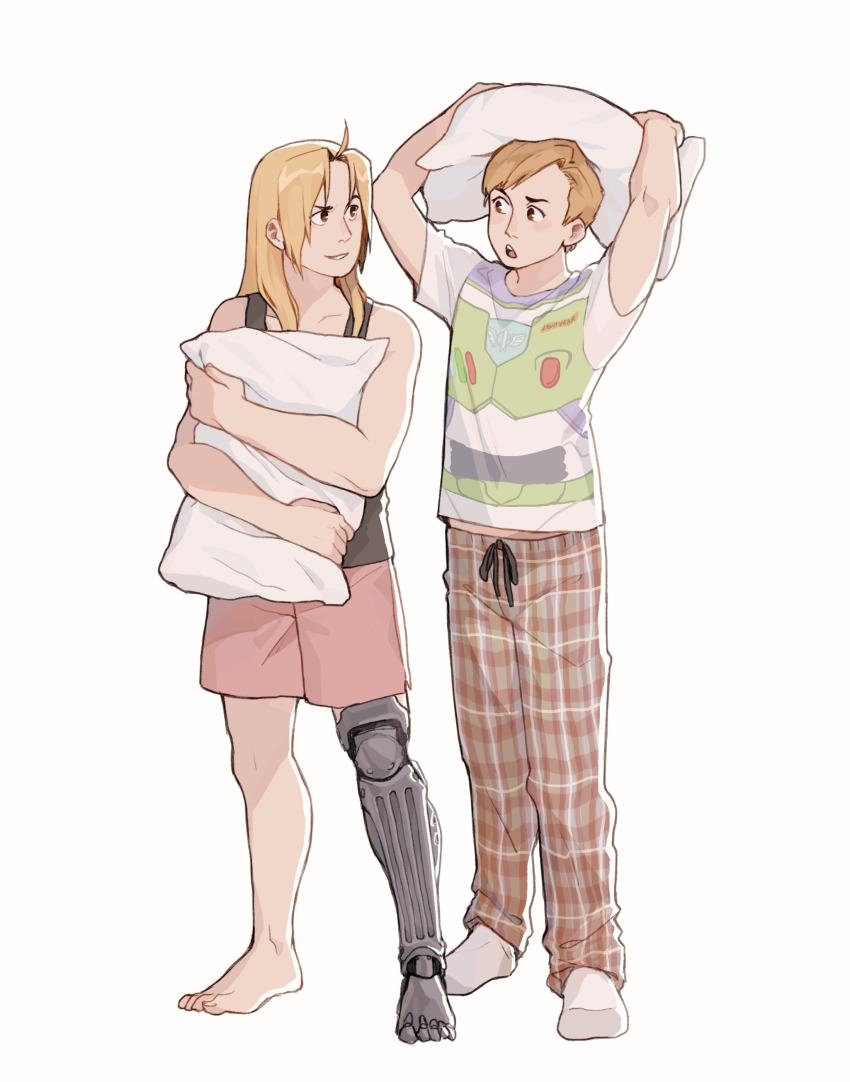 2boys absurdres alexia_khodanian alphonse_elric automail barefoot black_shirt blonde_hair brothers buzz_lightyear commentary disney edward_elric full_body fullmetal_alchemist highres long_hair looking_at_viewer male_focus multiple_boys open_mouth pants pillow pixar shirt short_hair shorts siblings simple_background sleeveless smile socks standing toy_story white_background white_shirt