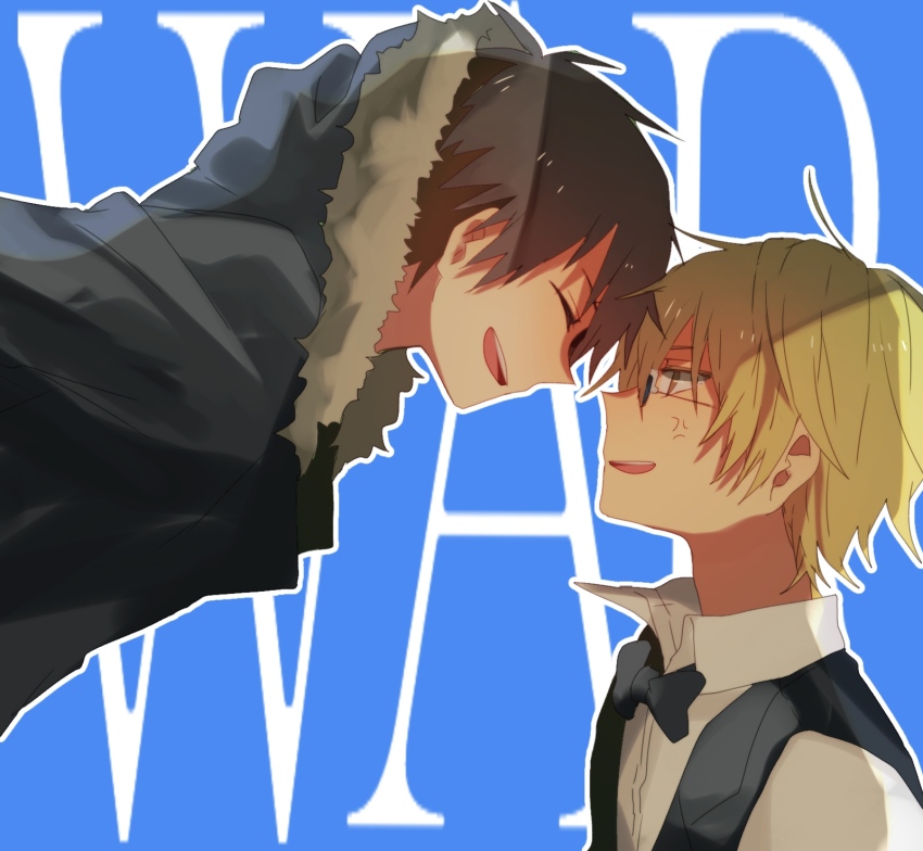 0819_chii 2boys anger_vein bartender black_bow black_bowtie black_hair blonde_hair blue_background bow bowtie brown_eyes closed_eyes collared_shirt commentary_request durarara!! english_text forehead-to-forehead from_side fur-trimmed_hood fur_trim heads_together heiwajima_shizuo highres hood jacket male_focus multiple_boys open_mouth orihara_izaya outline partial_commentary profile shirt short_hair smile sunglasses tuxedo upper_body vest white_outline white_shirt