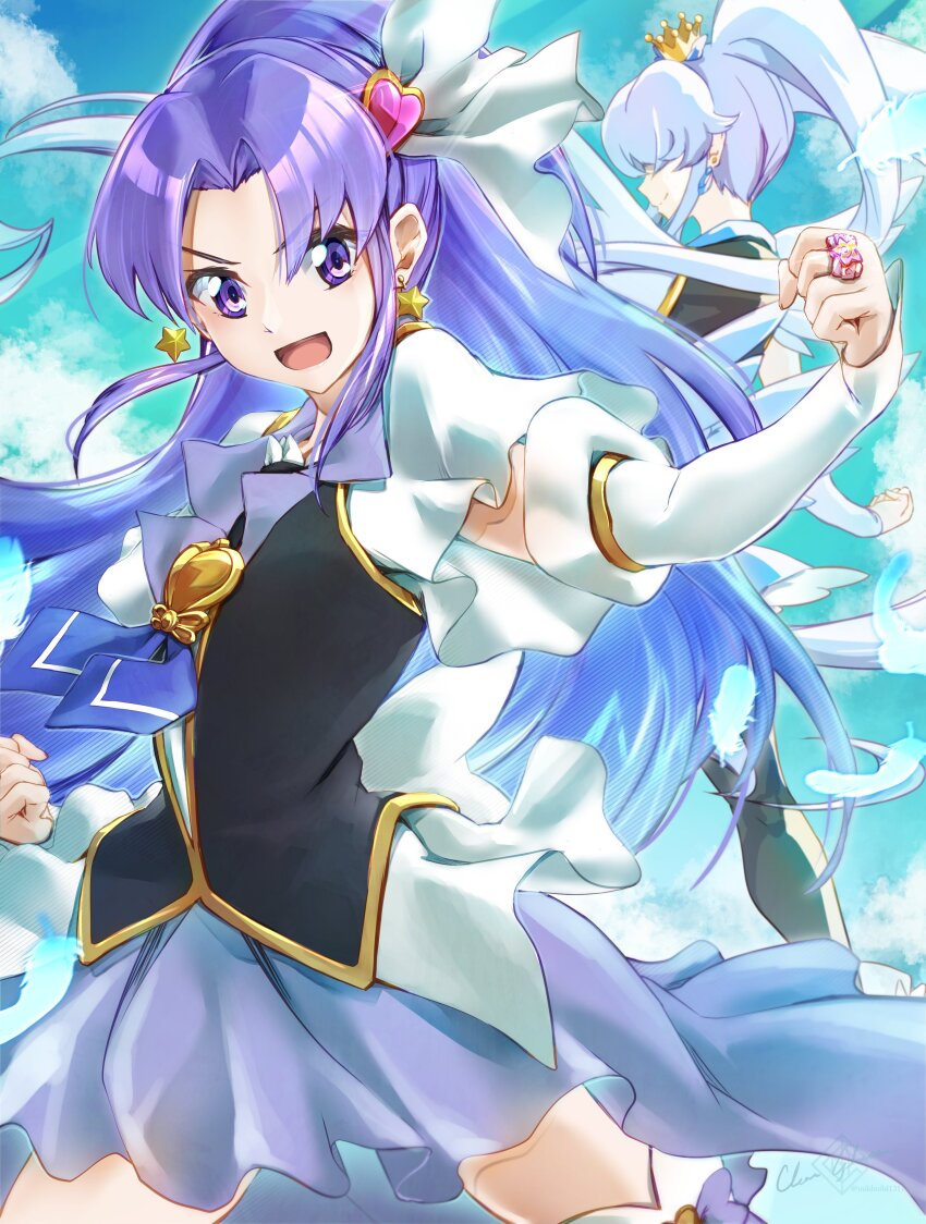 2girls absurdres blue_hair blue_thighhighs boots brooch clear_glass_(mildmild1311) cowboy_shot crown cure_fortune cure_princess earrings flying gold_crown hair_ornament happinesscharge_precure! heart heart_brooch heart_hair_ornament highres hikawa_iona jewelry long_hair magical_girl mini_crown multiple_girls open_mouth ponytail precure purple_eyes purple_hair purple_skirt shirayuki_hime skirt smile thighhighs twintails wide_ponytail wing_earrings wings