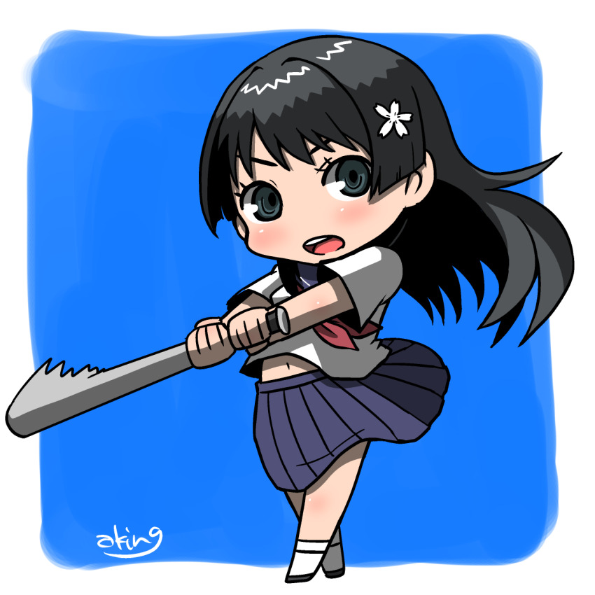 1girl aking baseball_bat black_eyes black_hair black_shoes blue_background blue_skirt border chibi flower hair_flower hair_ornament highres holding holding_baseball_bat long_hair looking_at_viewer metal_baseball_bat neckerchief open_mouth outside_border pleated_skirt red_neckerchief rounded_corners sakugawa_school_uniform saten_ruiko school_uniform serafuku shirt shoes short_sleeves signature simple_background skirt socks solo summer_uniform swinging_baseball_bat teeth toaru_kagaku_no_railgun toaru_majutsu_no_index upper_teeth_only v-shaped_eyebrows white_border white_shirt white_socks