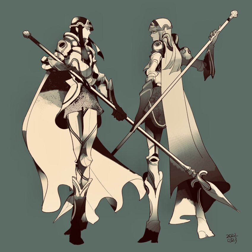 2boys armor black_hair blunt_bangs boots breastplate cape cu_chulainn_(megami_tensei) dated eien12m full_body gloves green_background headgear highres holding holding_polearm holding_weapon long_hair looking_at_another male_focus monochrome multiple_boys palette_swap pointy_ears polearm shin_megami_tensei sidelocks simple_background spear tam_lin weapon white_hair