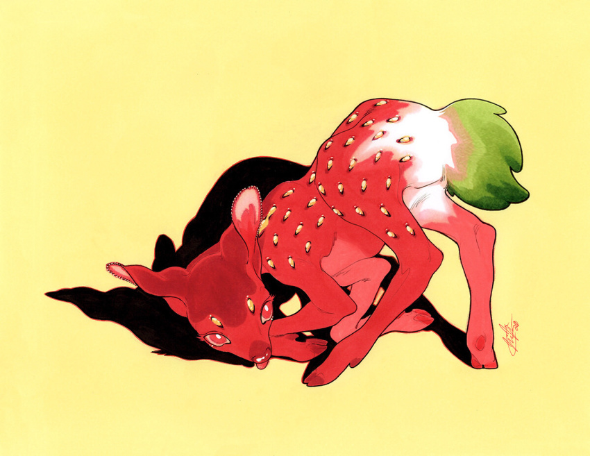 alternate_eyebrows animal baby_animal bent_over bright_pupils colored_eyelashes colored_sclera creature creature_focus deer fawn fleebites food food-themed_creature food_print fruit fruit_print green_tail high_contrast limited_palette looking_at_viewer looking_back no_humans original pink_sclera rearing red_eyes red_fur seed shadow simple_background strawberry strawberry_print tongue tongue_out traditional_media white_pupils yellow_background