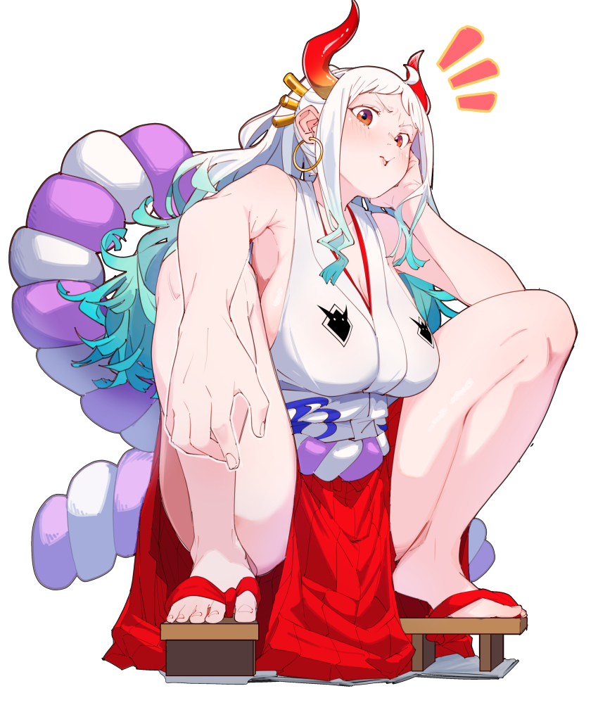 1girl absurdres arm_on_own_leg arm_rest bare_legs breasts cleavage closed_mouth commentary_request curled_horns earrings feet foreshortening full_body geta gradient_hair green_hair hair_ornament hair_stick hakama hakama_pants hand_on_own_cheek hand_on_own_face high_ponytail highres hoop_earrings horns japanese_clothes jewelry kimono large_breasts legs light_blush long_sidelocks low-cut_armhole multicolored_hair multicolored_horns notice_lines one_piece oni orange_horns pants ponytail re:ankh red_eyes red_horns red_pants rope sandals shimenawa sidelocks simple_background sleeveless sleeveless_kimono solo squatting toenails toes white_background white_hair white_kimono yamato_(one_piece)