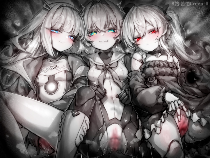 3girls blue_eyes censored doll_joints eudie_(shadowverse) hetero joints kupa_(jesterwii) long_hair mosaic_censoring multiple_girls orchis penis ralmia_(shadowverse) red_eyes sex shadowverse spot_color