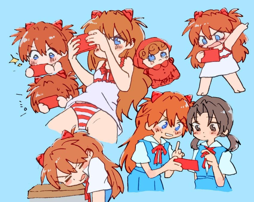 ! 2girls aqua_background arm_support bare_legs bare_shoulders barefoot blue_eyes blush brown_hair camisole chemise doll evangelion:_2.0_you_can_(not)_advance game_console hair_ornament highres horaki_hikari long_hair low_twintails lying multiple_girls neon_genesis_evangelion orange_hair panties playing_games rebuild_of_evangelion simple_background sitting smile souryuu_asuka_langley striped_clothes striped_panties sweat szk5355 tsundere twintails underwear weapon white_background white_chemise