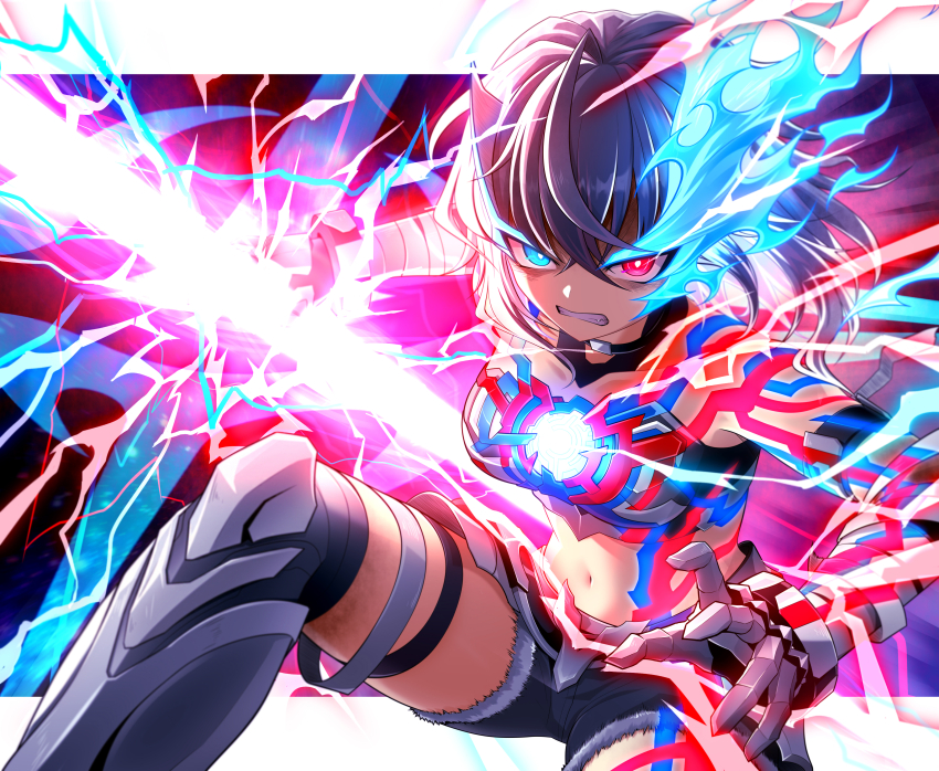 1girl absurdres bandages blue_eyes blue_fire color_timer denim denim_shorts energy energy_weapon fighting_stance fire genderswap genderswap_(mtf) ginga_no_kou grey_hair heterochromia highres holding holding_lightning_bolt holding_weapon humanization lightning looking_at_viewer red_eyes short_hair short_shorts shorts teeth tokusatsu ultra_series ultraman_blazar ultraman_blazar_(series) weapon