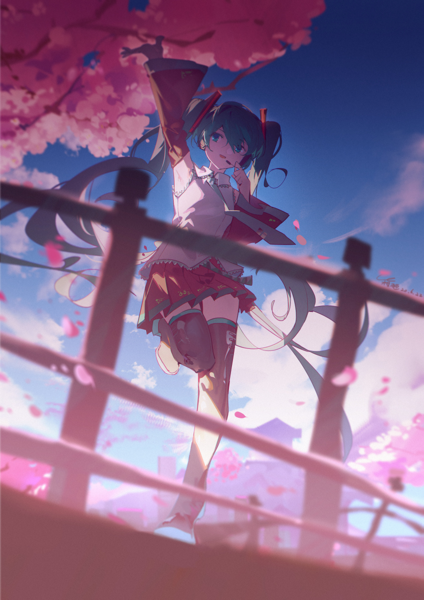 1girl absurdres aqua_eyes aqua_hair aqua_necktie bare_shoulders black_skirt black_sleeves black_thighhighs blue_sky blurry blurry_foreground bridge cherry_blossoms chinese_commentary commentary day depth_of_field detached_sleeves female_focus full_body grey_shirt hair_ornament hako_(misheyes) hand_up hatsune_miku headphones headset highres leg_up long_hair miniskirt necktie open_mouth outdoors outstretched_arm pleated_skirt shirt skirt sky sleeveless sleeveless_shirt smile solo thighhighs twintails very_long_hair vocaloid zettai_ryouiki