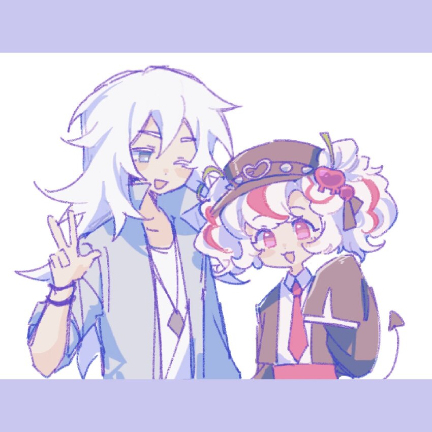1boy 1girl aileanor2 blue_eyes cookie_run cookie_run:_kingdom highres humanization long_hair long_sleeves looking_at_viewer official_alternate_costume official_alternate_hair_color official_alternate_hairstyle parfait_cookie parfait_cookie_(black_cherry_rock) pink_hair rockstar_cookie shirt short_hair smile tail w white_hair