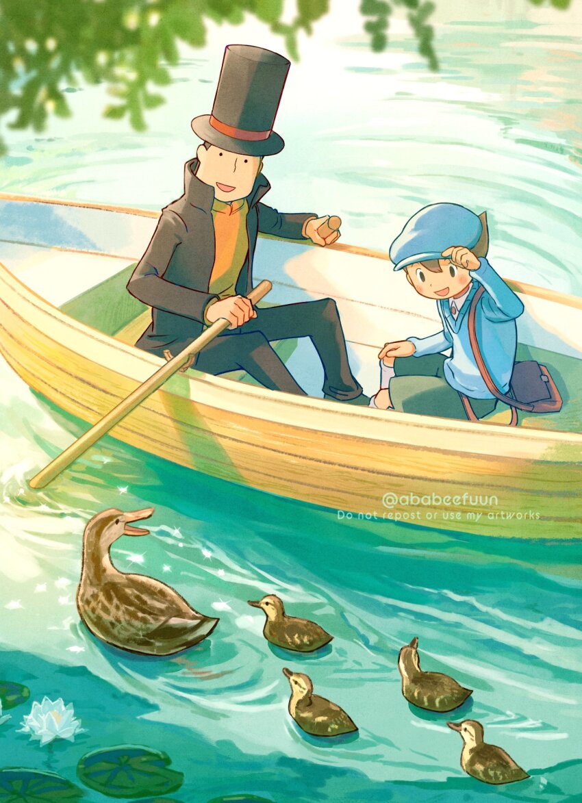 2boys abarenbou_bifun bag bird black_hat black_jacket black_pants blue_hat blue_sweater boat brown_bag brown_hair commentary_request duck flower hand_on_own_knee hat hershel_layton high_collar highres holding holding_oar jacket lily_pad lotus luke_triton male_focus multiple_boys oar open_clothes open_jacket orange_shirt outdoors pants professor_layton reflection reflective_water rowboat rowing shirt short_hair shorts shoulder_bag sitting smile socks solid_circle_eyes solid_oval_eyes sweater top_hat twitter_username water white_socks