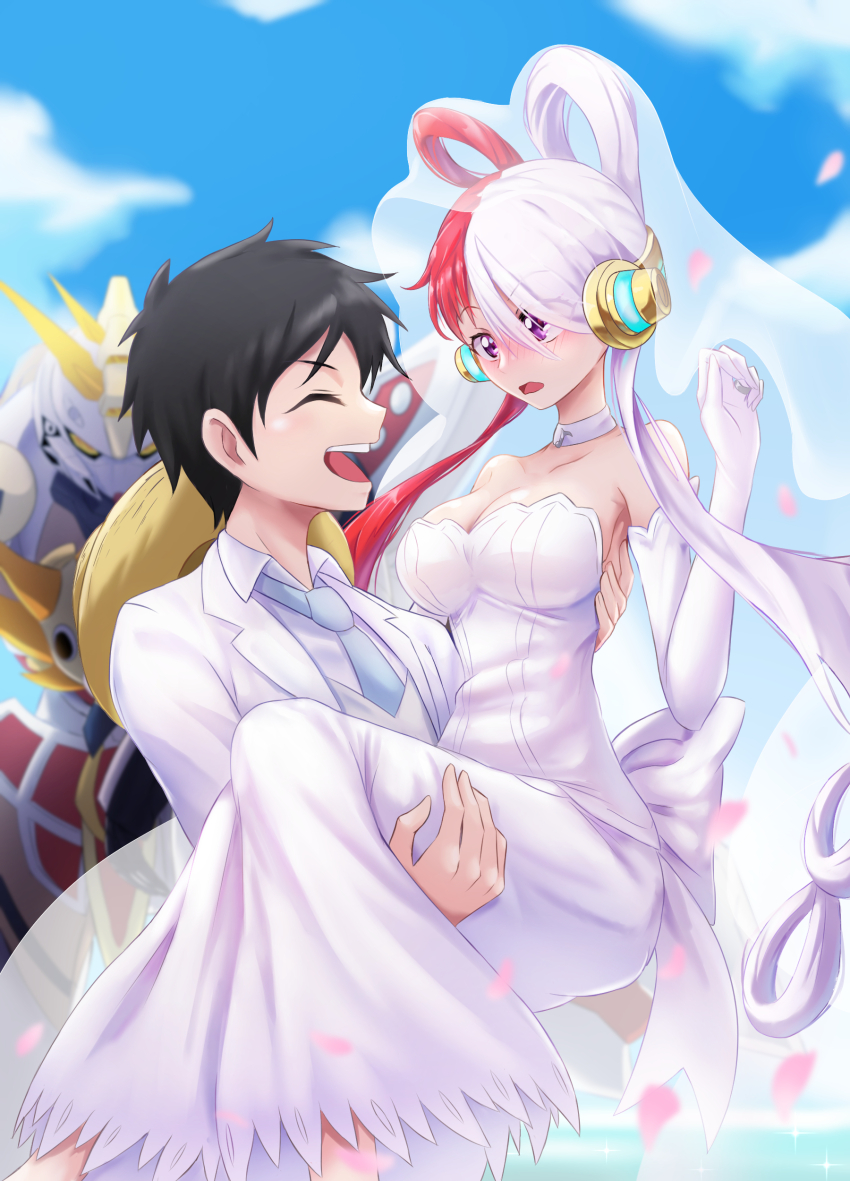 1boy 1girl absurdres black_hair carrying closed_mouth dress formal_clothes hair_over_one_eye headphones highres jacket long_hair long_skirt monkey_d._luffy multicolored_hair necktie one_piece one_piece_film:_red open_mouth purple_eyes red_hair short_hair skirt smile split-color_hair suit two-tone_hair uta_(one_piece) wedding_dress white_dress white_hair white_jacket white_suit zerokun135