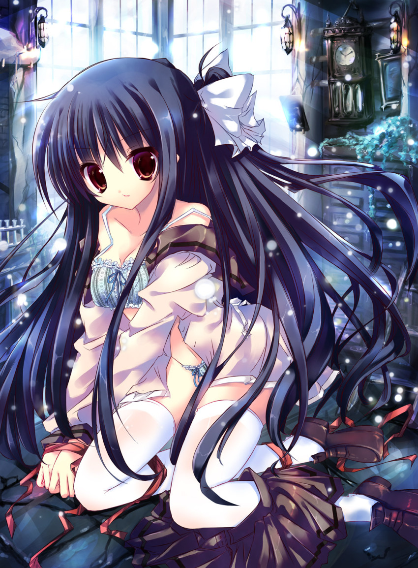 1girl amadori_tsubaki black_hair blue_bra blue_panties bra brown_eyes cutlass_(classic_chocolate) highres long_hair long_sleeves looking_at_viewer noesis original panties red_ribbon ribbon school_uniform skirt solo thighhighs underwear white_thighhighs
