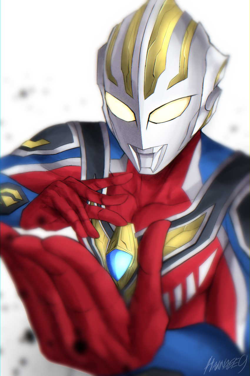 1boy alien armor arms_up artist_name blue_bodysuit blurry blurry_background blurry_foreground bodysuit breastplate collarbone color_timer cowboy_shot cupping_hands debris glowing glowing_eyes hand_focus hannaee9 highres male_focus muscular muscular_male own_hands_together red_bodysuit shoulder_armor signature simple_background solo solo_focus spoilers super_supreme_version tokusatsu two-tone_bodysuit ultra_series ultraman_gaia ultraman_gaia_(series) ultraman_gaia_(super_supreme_version) upper_body white_background yellow_eyes