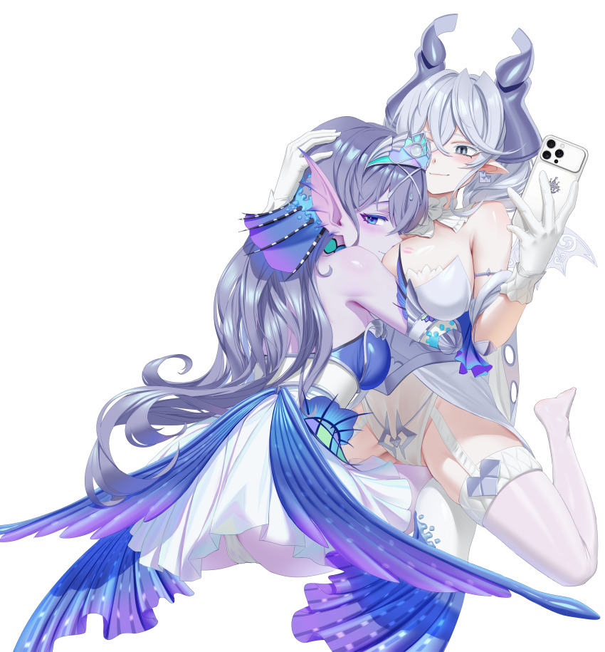 2girls absurdres bare_shoulders blush breasts cellphone cleavage colored_skin demon_girl demon_horns dress drill_hair duel_monster face_to_breasts full_body garter_straps gloves grey_hair hair_between_eyes highres holding holding_phone horns kitkallos_(yu-gi-oh!) large_breasts lipstick_mark lipstick_mark_on_breast long_hair looking_at_viewer lovely_labrynth_of_the_silver_castle multiple_girls phone pointy_ears purple_skin rare_lemon silver_tiara simple_background smartphone smile strapless strapless_dress tearlaments_kitkallos thighhighs twin_drills white_background white_dress white_gloves white_thighhighs yu-gi-oh! yuri