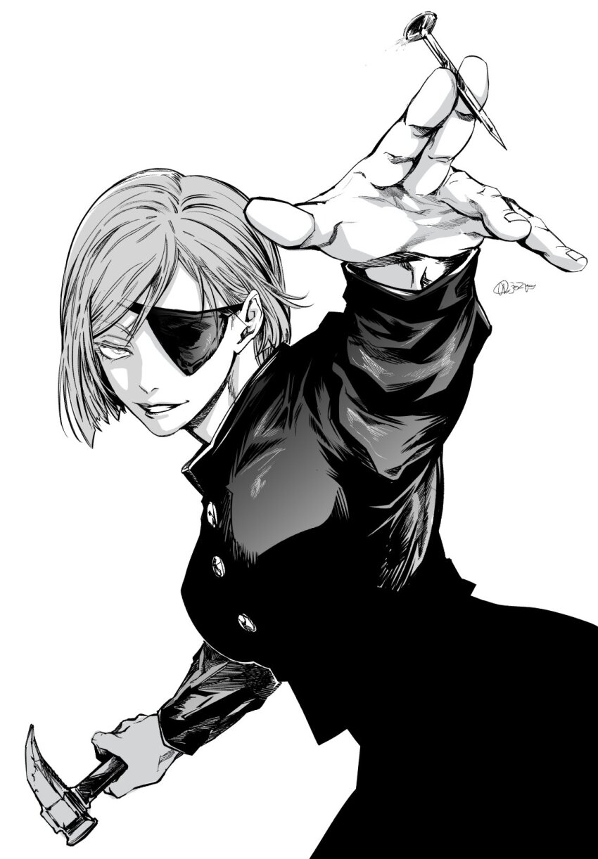 1girl breasts claw_hammer eyepatch hammer highres holding holding_hammer holding_nail jacket jozpic jujutsu_kaisen jujutsu_tech_uniform kugisaki_nobara long_sleeves looking_at_viewer monochrome nail nail_(hardware) school_uniform short_hair simple_background smile solo
