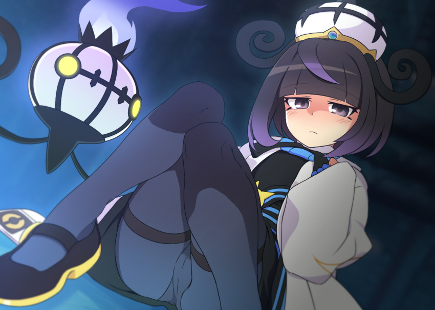 1girl black_background black_eyes black_hair black_pantyhose black_shoes blue_gloves blush chandelure closed_mouth curakuru gen_5_pokemon gloves gradient_background gwynn_(pokemon) hat highres legs long_sleeves looking_at_viewer nintendo panties panties_under_pantyhose pantyhose pokemon pokemon_(creature) pokemon_legends:_z-a shoes short_hair sitting underwear white_hat