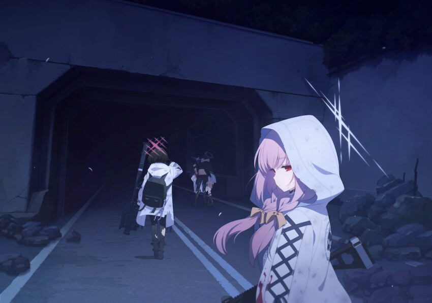 4girls ankle_socks arius_squad_(blue_archive) artist_request atsuko_(blue_archive) backpack bag black_bag black_gloves black_hair black_hat black_pants black_shoes black_socks blood blood_on_clothes blue_archive bow coat cuts cz_scorpion_evo_3 fim-92_stinger game_cg gloves gun hair_bow halo hat highres hiyori_(blue_archive) hood hooded_coat human_crutch injury long_hair machine_gun median_furrow misaki_(blue_archive) multiple_girls night non-web_source official_art pants pink_halo purple_hair red_eyes road rocket_launcher rope rubble saori_(blue_archive) shoes short_hair shoulder_support skirt socks spoilers thigh_strap torn_clothes torn_pants tunnel unworn_coat walking walking_away weapon white_coat white_halo white_skirt yellow_bow