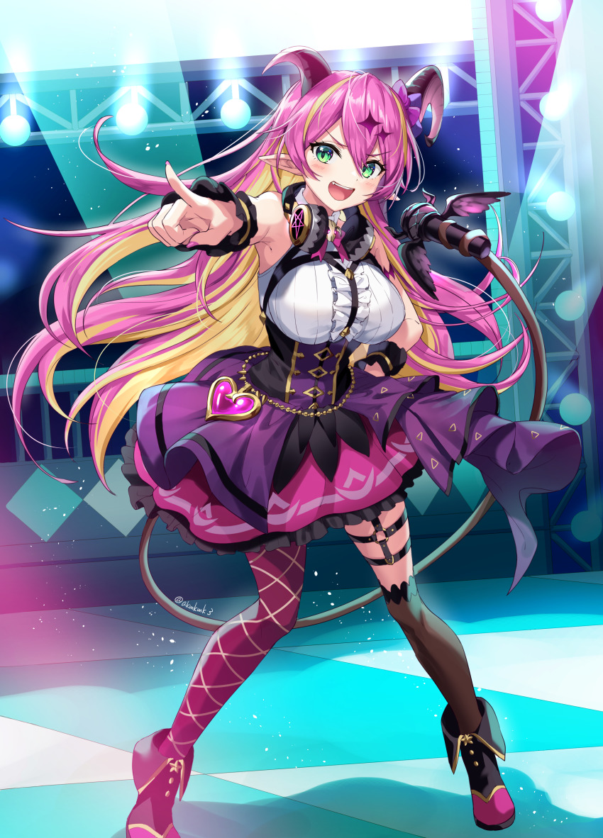 1girl :d absurdres akamoku ankle_boots armpits asymmetrical_horns asymmetrical_legwear bare_shoulders black_thighhighs blonde_hair blouse blush boots breasts chest_harness demon_horns dress fang floating_hair frills green_eyes hair_between_eyes hair_ornament harness head headphones headphones_around_neck highres holding holding_microphone hololive horns large_breasts long_hair looking_at_viewer mano_aloe microphone miniskirt multicolored_hair music nail_polish o-ring open_mouth pink_hair pink_nails pointing pointy_ears purple_thighhighs shirt sidelocks singing single_leg_pantyhose single_thighhigh skirt sleeveless sleeveless_shirt slit_pupils smile stage stage_lights standing thigh_strap thighhighs two-tone_hair uneven_legwear v-shaped_eyebrows virtual_youtuber white_shirt