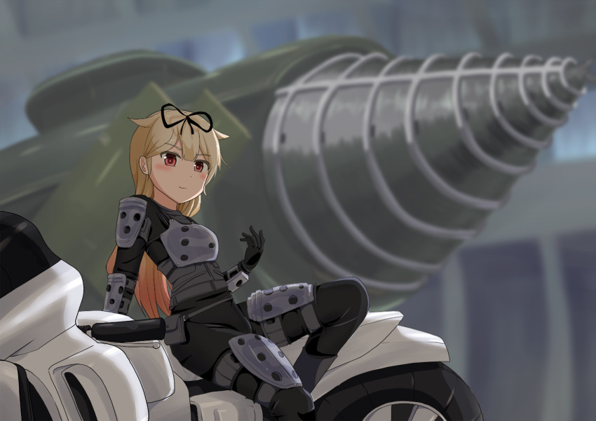 1girl airborne_aircraft_carrier aircraft alternate_costume armor battleship black_gloves black_pants black_ribbon black_shirt blonde_hair boobplate breastplate chest_plate cruiser_submarine drill earth_defense_force_(godzilla) elbow_pads flying_submarine gloves godzilla:_final_wars gotengo gunship hair_flaps hair_ribbon japan_air_self-defense_force japan_ground_self-defense_force japan_maritime_self-defense_force japan_self-defense_force kantai_collection knee_pads long_hair long_sleeves meitoro military military_vehicle mother_ship motor_vehicle motorcycle mutant mutant_(godzilla) new_gotengo pants red_eyes ribbon saw ship shirt shoulder_armor sitting solo straight_hair submarine submarine_aircraft_carrier subterrene vtol warship watercraft yuudachi_(kancolle) zero_cannon