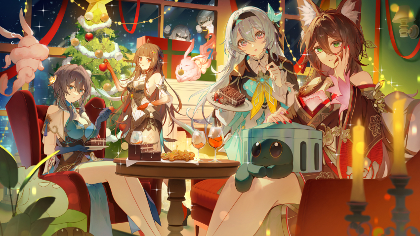 1boy 5girls absurdres animal_ear_fluff animal_ears blue_eyes blue_gloves box brown_hair caelus_(honkai:_star_rail) cake candle chibi christmas christmas_tree colored_extremities commentary cup drinking_glass firefly_(honkai:_star_rail) food fork fox_ears fox_girl fugue_(honkai:_star_rail) gift gift_box gloves gradient_skin green_eyes grey_hair hair_between_eyes highres holding holding_fork holding_tray honkai:_star_rail honkai_(series) indoors lingsha_(honkai:_star_rail) long_hair_between_eyes looking_at_viewer multiple_girls nail_polish night pink_hair red_eyes red_hands red_nails ruan_mei_(honkai:_star_rail) shotgunman stelle_(honkai:_star_rail) sunglasses tingyun_(honkai:_star_rail) trailblazer_(honkai:_star_rail) tray