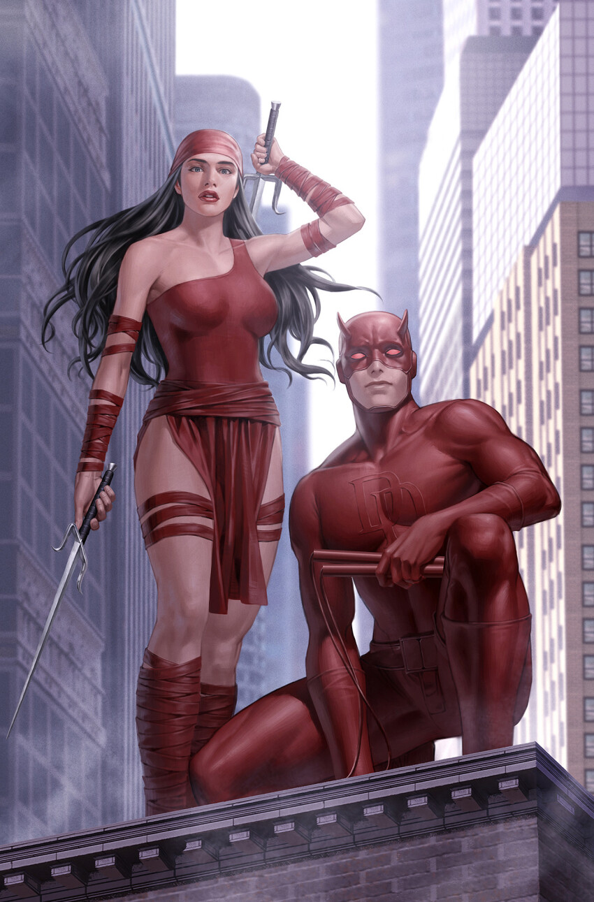 1boy 1girl bandana black_hair bodysuit boots breasts building city daredevil day dress elektra_natchios highres holding holding_weapon horned_mask large_breasts long_hair marvel mask nunchaku outdoors pelvic_curtain red_bandana red_bodysuit red_dress red_footwear red_mask red_sash sai_(weapon) sash side_slit skyscraper sleeveless sleeveless_dress squatting standing waist_sash weapon yoon_junggeun