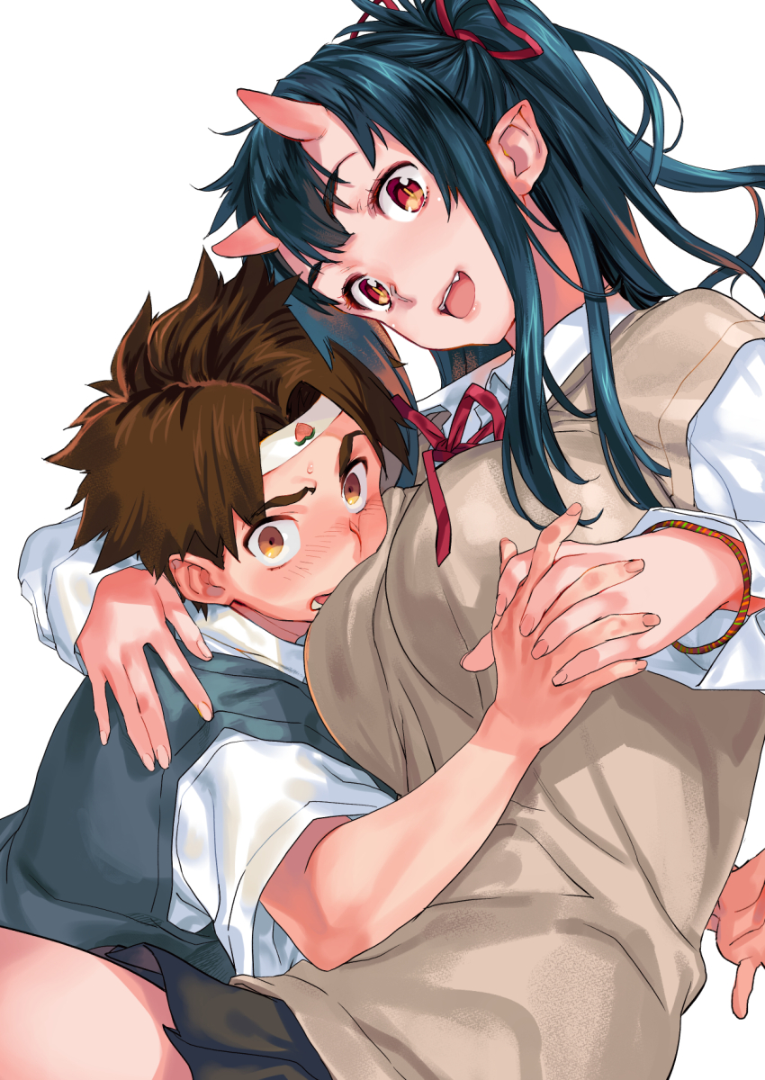 1boy 1girl :d black_hair breasts brown_eyes brown_hair brown_sweater collared_shirt comiket_95 demon_girl demon_horns fangs fingernails green_sweater hachimaki headband highres holding_hands horns large_breasts long_hair long_sleeves looking_at_viewer medium_breasts momotarou oni open_mouth original pointy_ears ponytail sameda_koban school_uniform shirt short_hair short_sleeves simple_background smile sweater sweater_vest teeth upper_teeth_only white_background