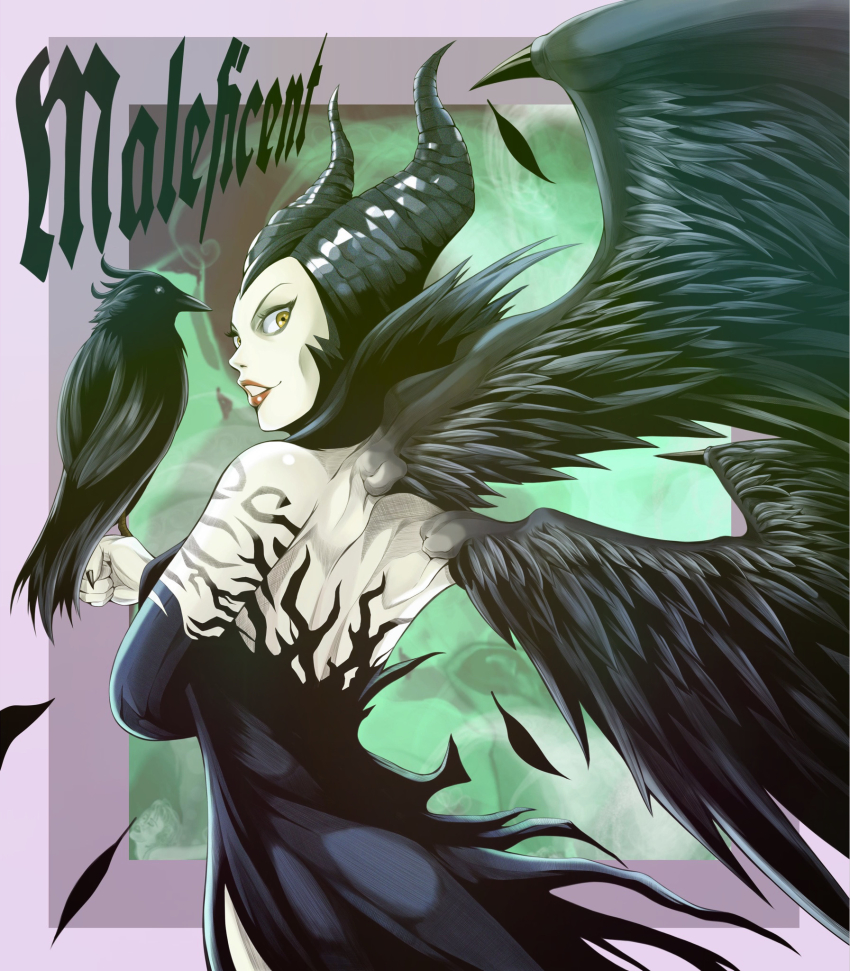 1girl back bird bird_on_hand black_nails black_wings character_name colored_skin colored_smoke corruption crow disney dress eyelashes eyeshadow feathered_wings female_focus fingernails green_skin highres horns lips lipstick looking_at_viewer looking_back makeup maleficent nail_polish nose pale_skin sharp_fingernails side_slit sleeping_beauty smoke solo strapless strapless_dress to-ru wings yellow_eyes
