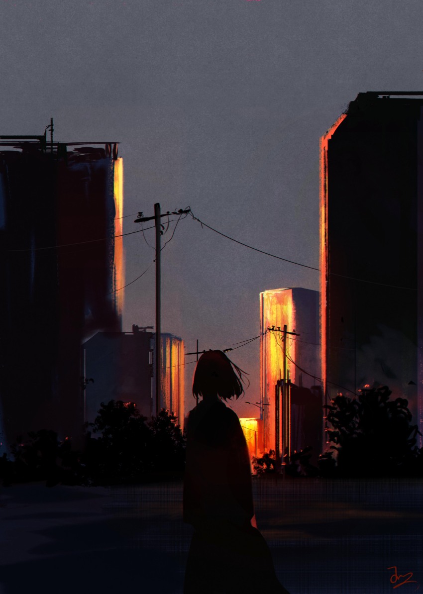 1girl absurdres from_behind highres huashijw medium_hair original scenery skyline solo sunset