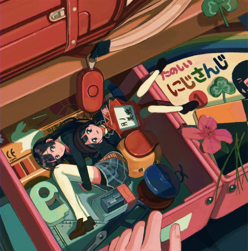 1girl 2others backpack badge bag black_eyes black_hair black_jacket blade_of_grass blazer blue_skirt blunt_bangs bow bowtie character_name closed_mouth clover copyright_name crime_prevention_buzzer drawer fetal_position flower grass hair_ornament hairclip hat highres hime_cut hugging_own_legs ikuta41 jacket loafers long_hair looking_at_viewer mini_person minigirl multiple_others name_tag nazono_mito nijisanji open_drawer opening out_of_frame pencil_sharpener pink_bow pink_bowtie pink_flower plaid_clothes plaid_skirt pov pov_hands rabbit randoseru school_hat school_uniform scissors shoes skirt smile tape thighhighs time_paradox tsukino_mito tsukino_mito_(young) tsukino_mito_(1st_costume) virtual_youtuber white_thighhighs zettai_ryouiki