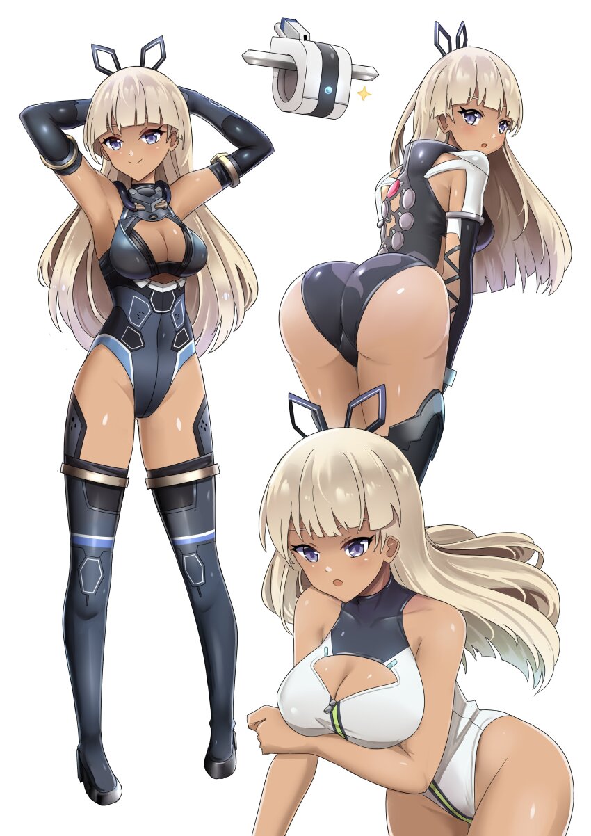 1girl absurdres alice_gear_aegis araime_yasuri ass black_leotard blonde_hair blush boots breasts cleavage_cutout clothing_cutout full_body gloves highres large_breasts leotard long_hair looking_at_viewer multiple_views open_mouth robot simple_background smile solo sudhiro_sappurisa tan thigh_boots weapon white_background white_leotard