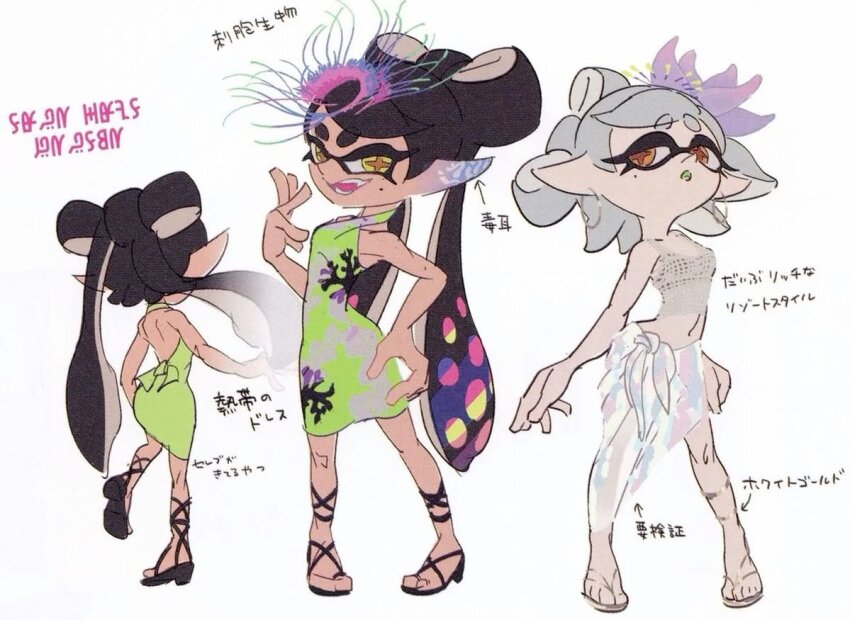 2girls black_eyeshadow black_hair black_straps bow callie_(splatoon) crop_top dress eyelashes eyeshadow fangs feathers flip-flops flower flower_on_head green_dress hair_bun hair_flower hair_ornament halterneck hands_on_butt headpiece high_heel_sandals high_heels inkling long_hair looking_at_viewer looking_back marie_(splatoon) multicolored_hair multiple_girls nintendo pointy_ears sandals sash skirt sleeveless sleeveless_dress smile splatoon_(series) star-shaped_pupils star_(symbol) symbol-shaped_pupils tentacle_hair thick_eyebrows tied_up_hair two-tone_hair very_long_hair white_hair wrap_skirt yellow_pupils