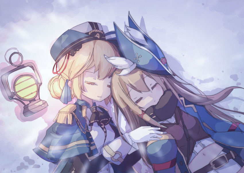 2girls azur_lane beret black_scarf blonde_hair blue_cape blue_headwear brown_shirt cape closed_eyes coat epaulettes gloves hair_ornament hands_on_another&#039;s_shoulders hardy_(azur_lane) hat heads_together highres holding hunter_(azur_lane) ioniccrystal lantern light_brown_hair military military_hat military_uniform multiple_girls navel on_ground scarf shirt shorts sleeping smile trench_coat tricorne upper_body white_gloves white_shorts wing_collar