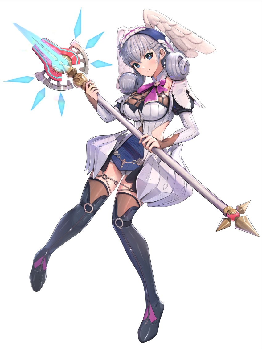 1girl absurdres armor black_boots blue_hairband boots breasts closed_mouth curly_hair dress faulds full_body glowing glowing_weapon gonzarez green_eyes grey_hair grey_wings hairband head_wings highres holding holding_weapon juliet_sleeves long_hair long_sleeves looking_at_viewer medium_breasts melia_antiqua multicolored_dress neck_ribbon polearm puffy_sleeves purple_nails purple_ribbon ribbon shorts shorts_under_skirt simple_background smile solo spear thigh_boots thighhighs weapon white_background white_shorts wings xenoblade_chronicles:_future_connected xenoblade_chronicles_(series) xenoblade_chronicles_1 zettai_ryouiki