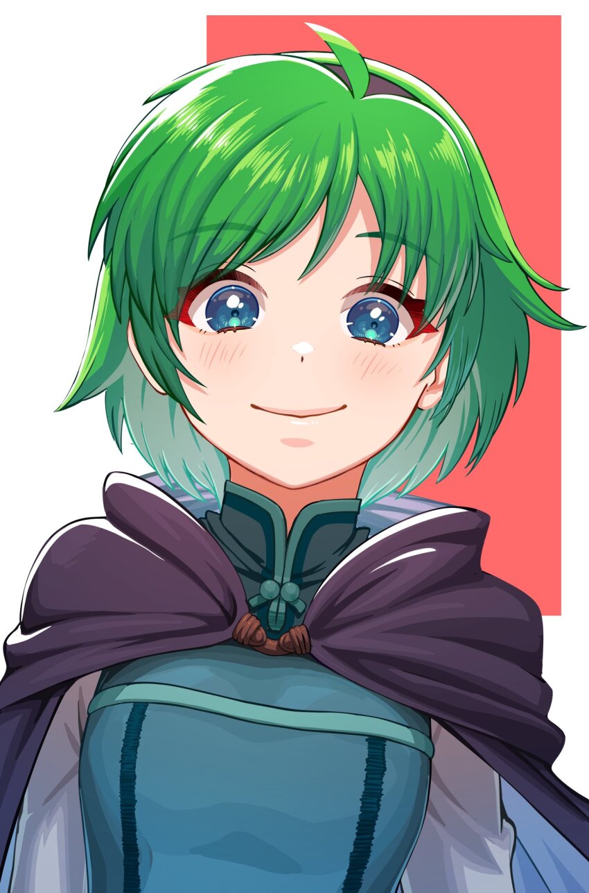 1girl aduti_momoyama blue_eyes blush breasts cape closed_mouth fire_emblem fire_emblem:_the_blazing_blade green_hair hairband highres long_sleeves looking_at_viewer nino_(fire_emblem) nintendo portrait purple_cape purple_hairband shirt short_hair simple_background small_breasts smile solo white_background white_shirt