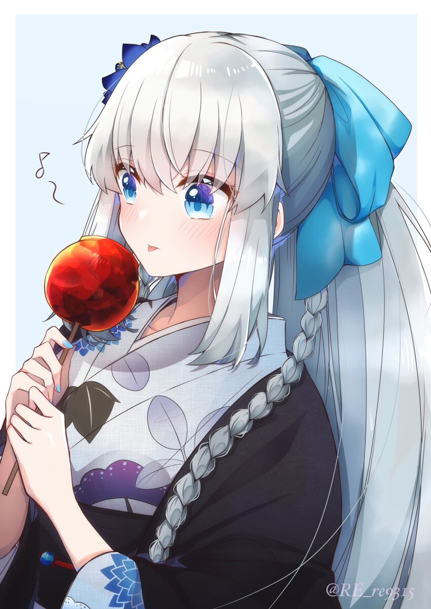 1girl blue_background blue_bow blue_flower blue_hair blue_nails blush border bow braid candy_apple commentary_request fate/grand_order fate_(series) flower food grey_hair hair_bow hair_flower hair_ornament haori highres holding holding_food japanese_clothes long_hair morgan_le_fay_(fate) morgan_le_fay_(fgo_fes._2023)_(fate) musical_note obi official_alternate_costume outside_border ponytail re_re9315 sash sidelocks simple_background single_braid solo tongue tongue_out twitter_username very_long_hair white_border