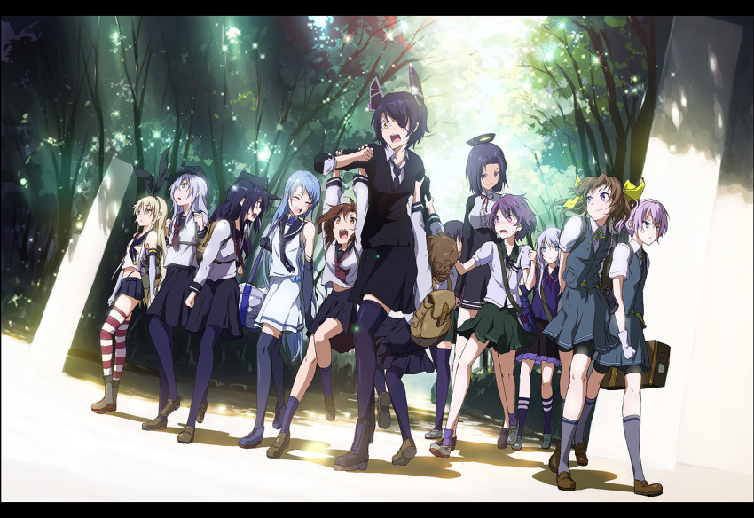 10s 6+girls akatsuki_(kancolle) anime_coloring arm_hug backpack bag black_panties blonde_hair brown_hair elbow_gloves eyepatch folded_ponytail gloves hair_ornament hairband hairclip halo hibiki_(kancolle) ikazuchi_(kancolle) inazuma_(kancolle) kagerou_(kancolle) kantai_collection letterboxed long_hair mechanical_halo multiple_girls mutsuki_(kancolle) open_mouth panties pantyhose samidare_(kancolle) school_uniform serafuku shiika_sadamasa shimakaze_(kancolle) shiranui_(kancolle) short_hair skirt striped_clothes striped_legwear striped_thighhighs tatsuta_(kancolle) tenryuu_(kancolle) thighhighs tote_bag underwear white_gloves yayoi_(kancolle)