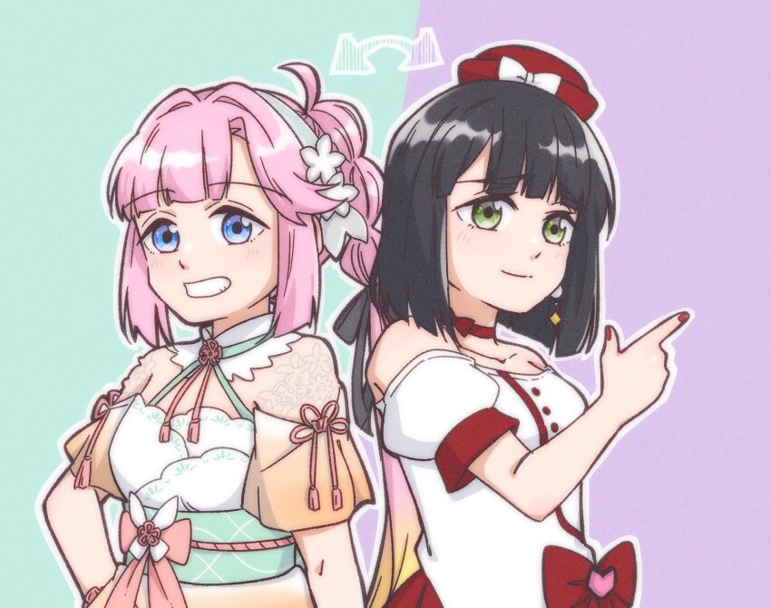 2girls ahoge anyoji_hime aoku_haruka/flower arrow_(symbol) black_hair black_ribbon blonde_hair blue_background blue_eyes blunt_bangs blunt_ends bob_cut bow breasts closed_mouth commentary_request cosplay costume_switch donpa dress finger_gun gradient_clothes gradient_dress gradient_hair green_eyes green_sash grin hair_intakes hair_ribbon hairband halter_dress halterneck hand_on_own_hip hat hat_bow highres link!_like!_love_live! long_hair love_live! medium_breasts miracreation/elegance momose_ginko multi-tied_hair multicolored_hair multiple_girls obi off-shoulder_dress off_shoulder orange_dress outline pink_hair ponytail puffy_short_sleeves puffy_sleeves purple_background red_hat ribbon sash short_hair short_sleeves sidelocks smile split_mouth swept_bangs two-tone_background upper_body very_long_hair virtual_youtuber white_bow white_dress white_hairband white_outline