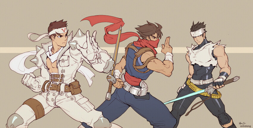 3boys anh_dang armband bandana belt bodysuit bracelet brown_hair capcom commentary concept_art cyberbots energy_sword english_commentary fighting_stance fingerless_gloves gloves hachimaki headband headgear highres jacket jewelry kanzaki_hayato_(star_gladiator) marvel_vs._capcom marvel_vs._capcom_2 multiple_boys muscular muscular_male ninja plasma_sword saotome_jin scarf science_fiction shoulder_spikes signature sketch spikes star_gladiator strider_(video_game) strider_hiryuu sword tonfa uniform weapon