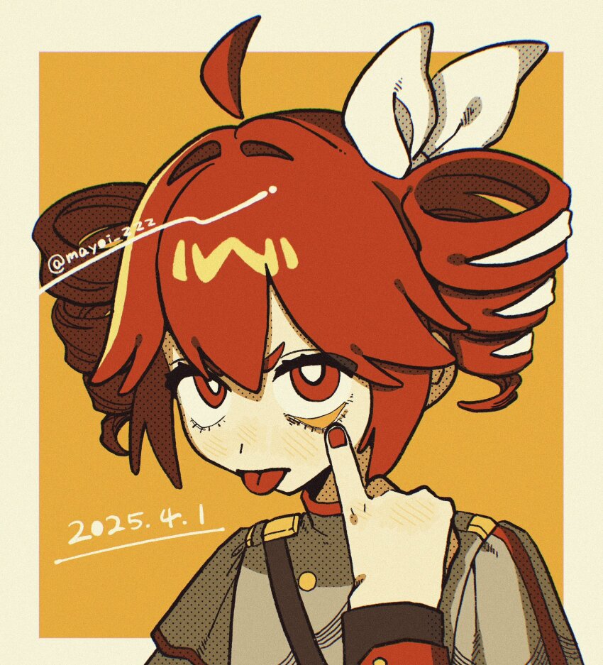 1girl ahoge akanbe border bow commentary dated eyelid_pull hair_bow hashtag-only_commentary highres kasane_teto kasane_teto_(sv) long_sleeves looking_at_viewer mayoi_zzz nail_polish outside_border pinky_out portrait red_eyes red_hair solo synthesizer_v tongue tongue_out utau white_border yellow_background